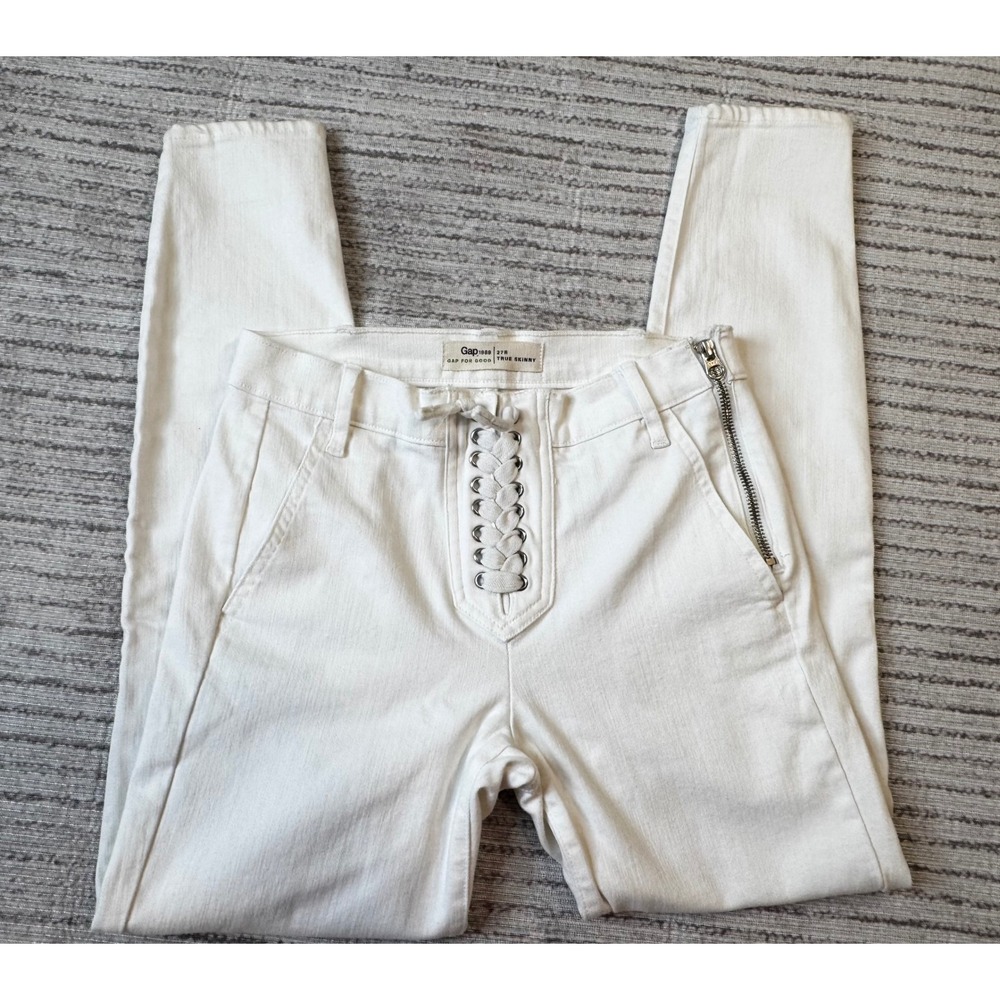 Gap 1969 True Skinny Moto Jeans White‎ Lace Up Front Side Zip Size 27R